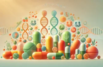 Флакон с витаминами для беременности двойней на фоне свежих фруктов и овощей