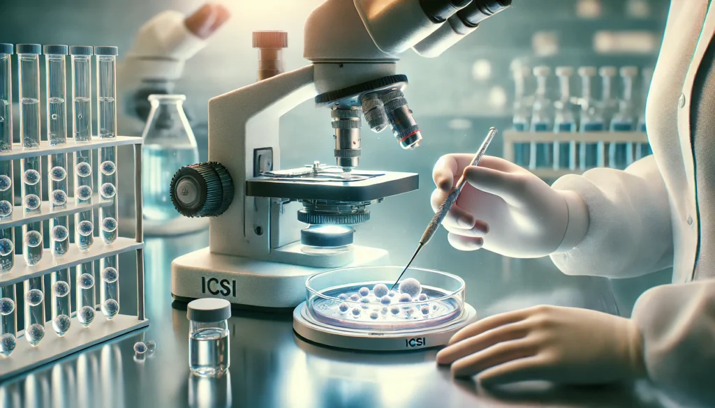 Close-up of an embryologist performing ICSI (Intracytoplasmic Sperm Injection) under a microscope, high-tech laboratory setting, focus on the delicate procedure.