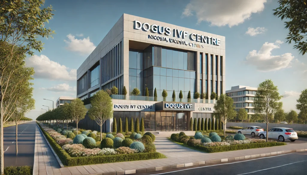 Exterior of Dogus IVF Centre in Nicosia, Cyprus, modern architecture, surrounded by greenery, sunny day
