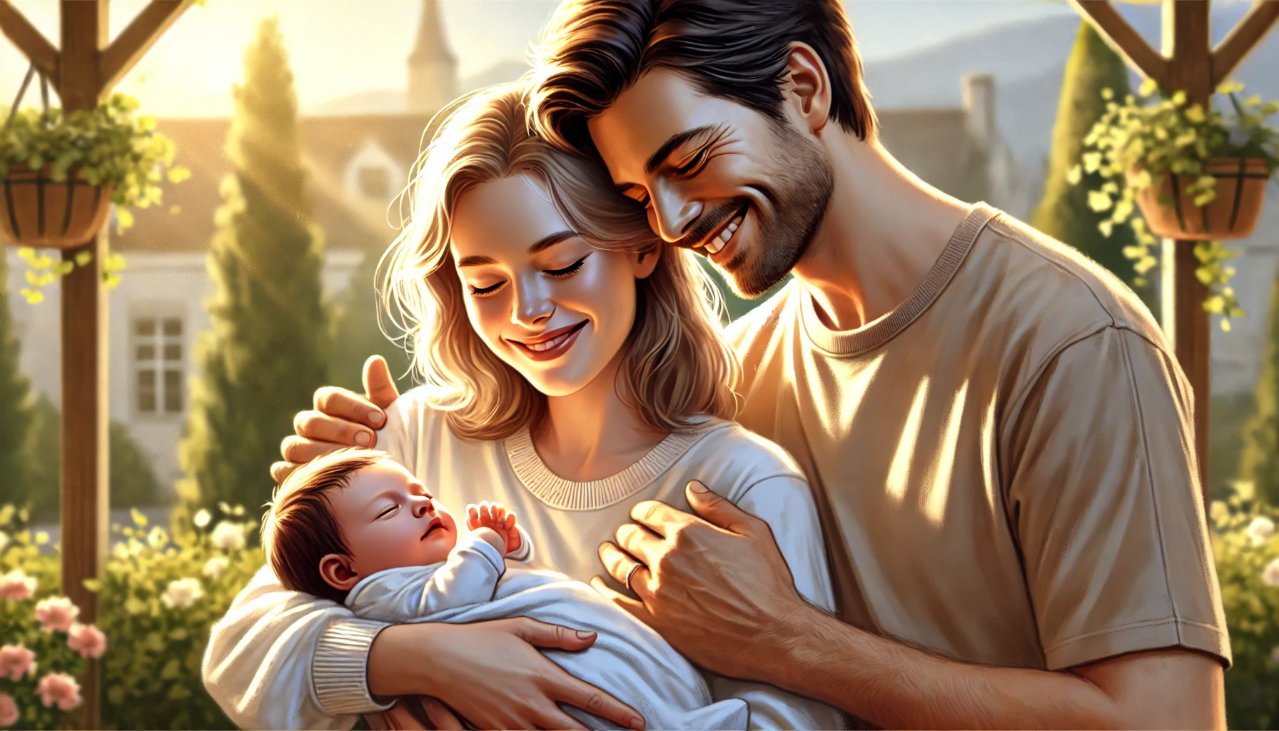 Happy couple holding their newborn baby, smiling, filled with joy, warm and loving atmosphere, golden hour lighting