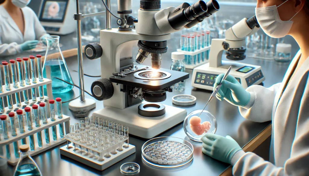 Illustration of Preimplantation Genetic Diagnosis (PGD) process, embryo biopsy, genetic analysis, scientific and precise, modern lab equipment
