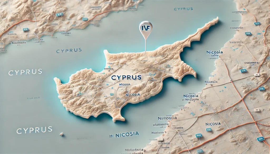Map of Cyprus highlighting the location of Dogus IVF Centre in Nicosia, clear and informative, modern cartography style