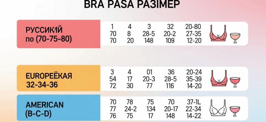 Таблица размеров бюстгальтеров 34B, 36C, 75B, DD