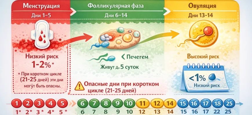 Схема менструального цикла показывающая вероятность забеременеть во время месячных и окно фертильности