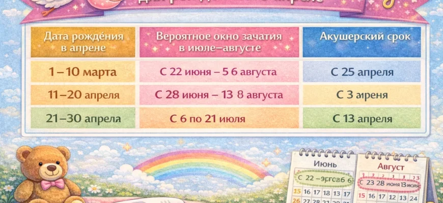Таблица календаря зачатия для детей, рожденных в апреле (июль-август)