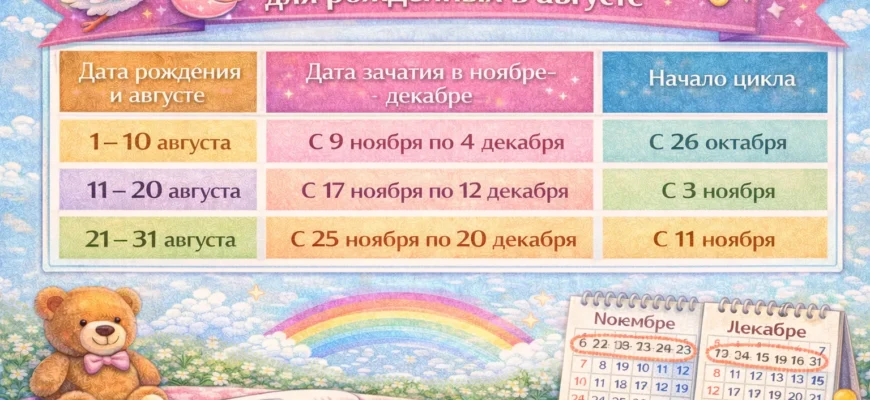 Таблица календаря зачатия для детей, рожденных в августе (ноябрь)