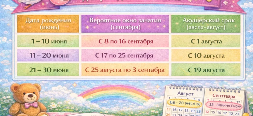 Таблица календаря зачатия для детей, рожденных в июне (сентябрь)