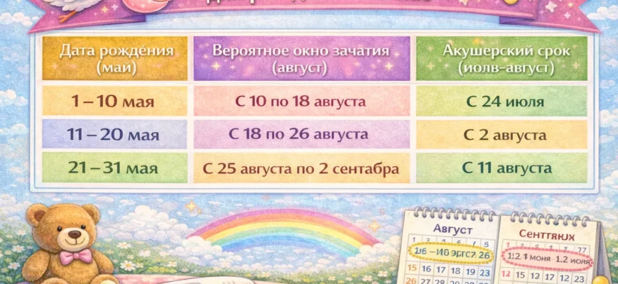 Таблица календаря зачатия для детей, рожденных в мае (август)