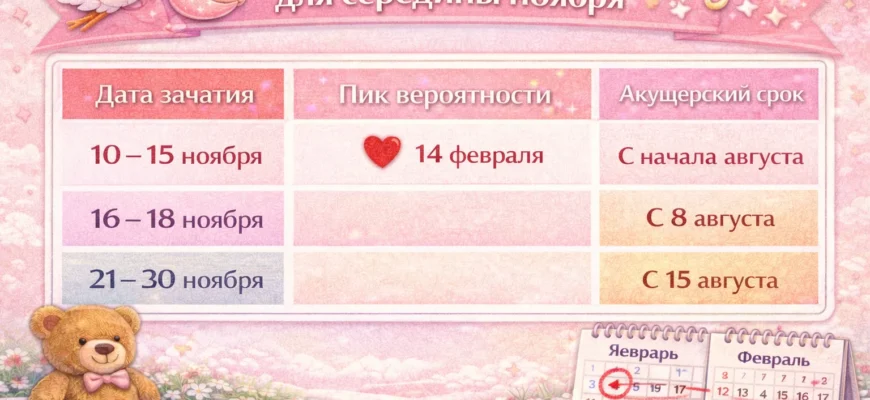 Таблица календаря зачатия для детей, рожденных в ноябре (февраль)