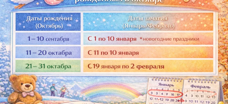 Таблица календаря зачатия для детей, рожденных в октябре (зачатие в январе)