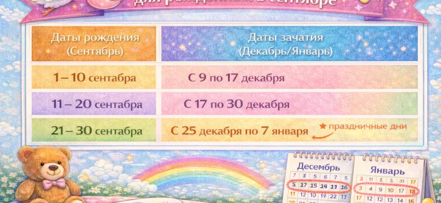 Таблица календаря зачатия для детей, рожденных в сентябре (зачатие в декабре-январе)