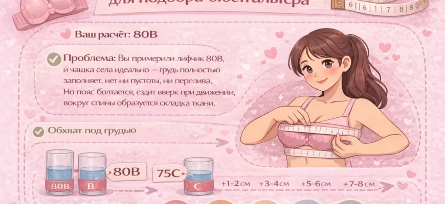 Девушка измеряет обхват груди сантиметровой лентой для определения размера бюстгальтера по таблице