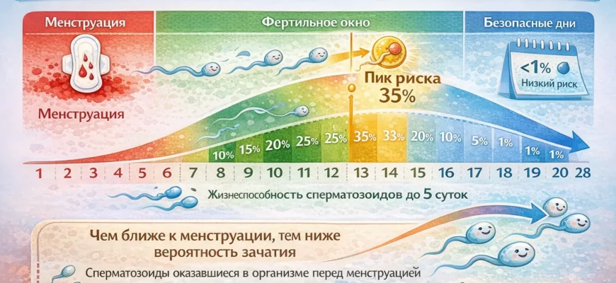 Схема менструального цикла и вероятность забеременеть за 1 день до месячных