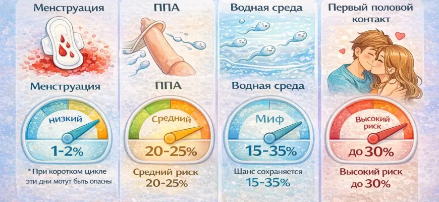 Девушка смотрит на тест на беременность, размышляя о рисках ППА и секса во время месячных