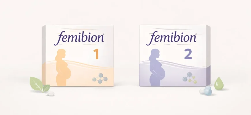 Упаковки Фемибион 1 и Фемибион 2 с наглядным акцентом на различия состава для разных этапов беременности