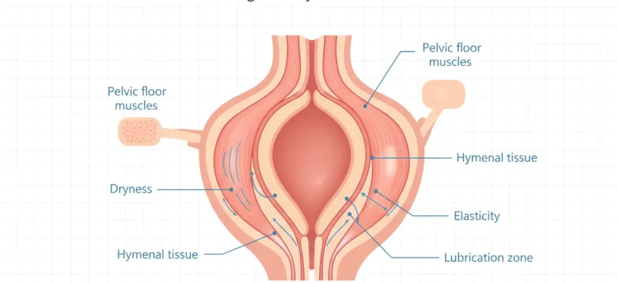 Схематическая медицинская иллюстрация анатомии входа во влагалище и мышц тазового дна, объясняющая причины боли при первом половом акте