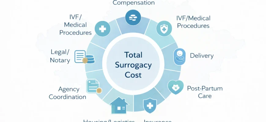 Инфографика стоимости суррогатного материнства в Казахстане с разбивкой бюджета и диапазонами цен