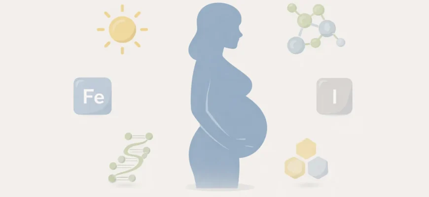 Иллюстрация, показывающая ключевые витамины и минералы, важные во втором триместре беременности, без брендов и дозировок