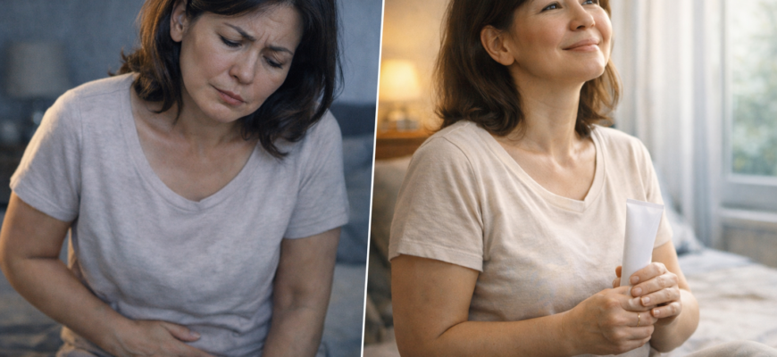 женщина в менопаузе испытывает дискомфорт и сомнения перед интимной близостью, отражение эмоционального и физического состояния при боли и снижении либидо