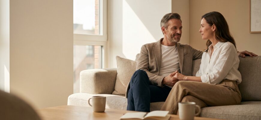 Пара сидит близко друг к другу и спокойно разговаривает, атмосфера доверия и эмоциональной близости