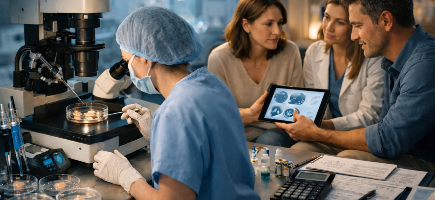 ЭКО в рассрочку в Алматы — эмбриолог работает с микроскопом в лаборатории репродуктивной клиники, рядом документы лечения и финансовые расчёты программы ЭКО