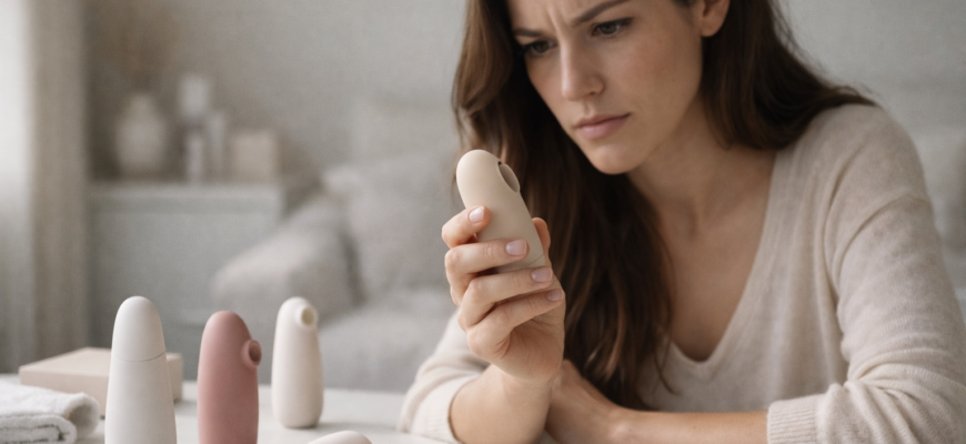 женщина выбирает клиторальный стимулятор среди разных моделей на столе, сомнение и выбор