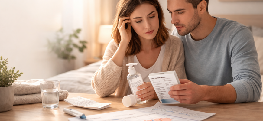 Пара изучает состав интимной смазки при планировании беременности, проверка ингредиентов на совместимость со сперматозоидами