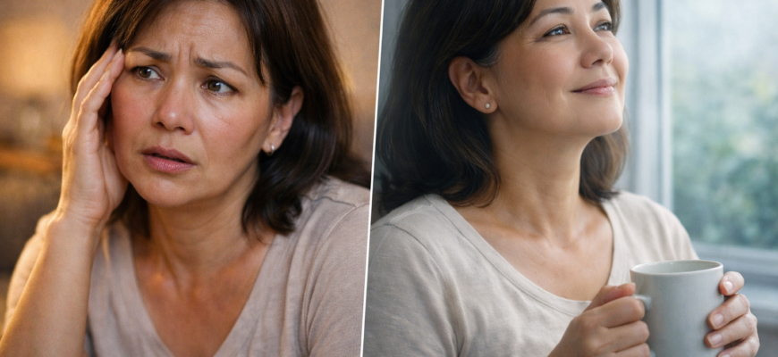 Женщина 45–55 лет ощущает прилив жара у окна — визуализация симптомов менопаузы