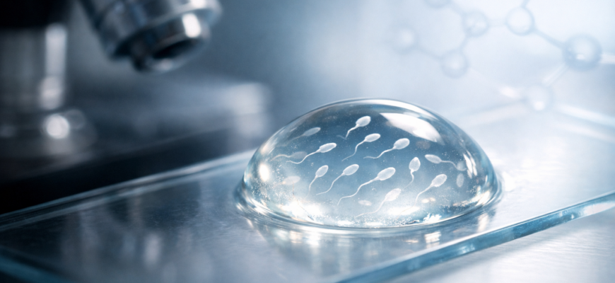 Состав спермы под микроскопом в лаборатории - научная визуализация биологической жидкости человека