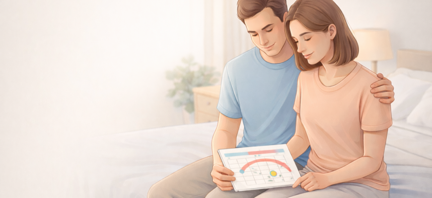 Пара планирует беременность и обсуждает календарь овуляции, спокойная атмосфера без интимного контента