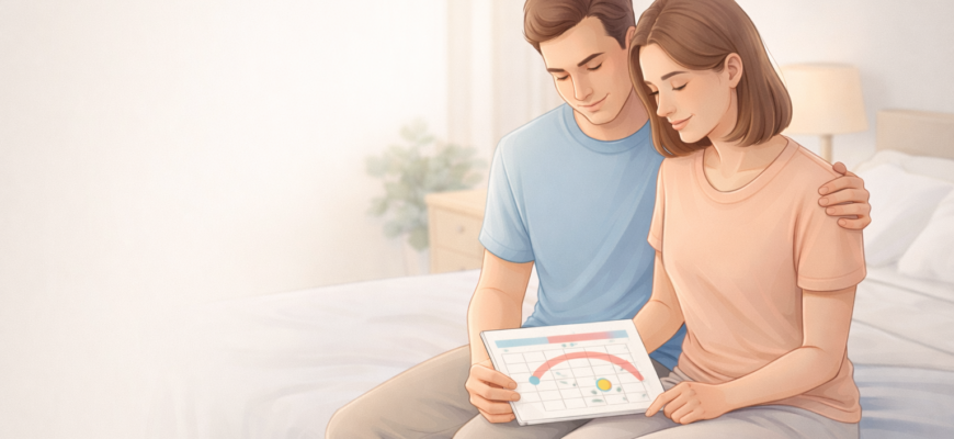 Пара планирует беременность и отмечает фертильное окно в календаре, обсуждая оптимальную частоту секса для зачатия