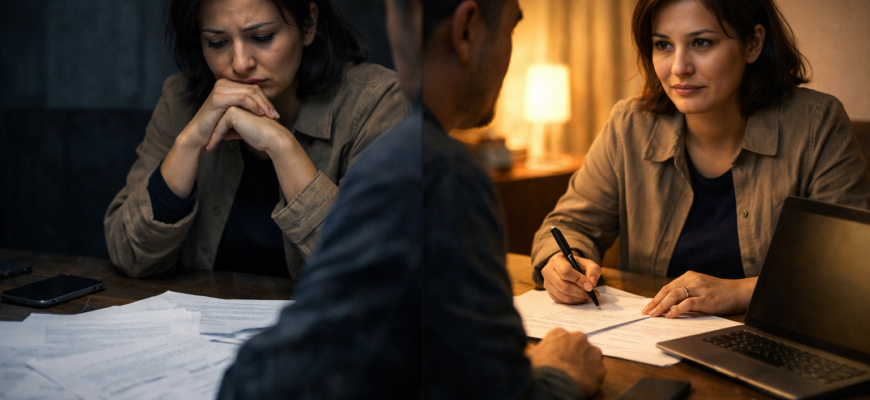 мужчина и женщина обсуждают условия сородительства за столом с документами и напряженной атмосферой