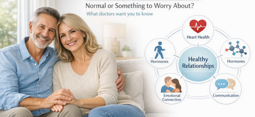 Первый секс после 40: зрелая пара разговаривает и держится за руки, медицинская статья о близости, здоровье и отношениях после 40