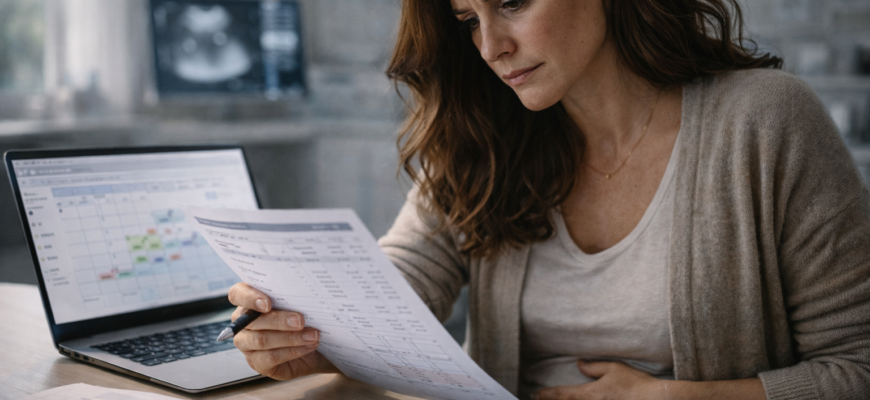 женщина после 40 изучает результаты анализов и планирует беременность