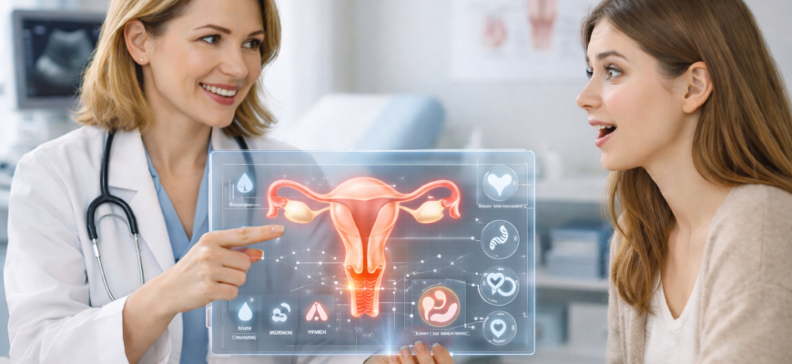 Женщина около 30 лет на консультации у гинеколога обсуждает вопрос поздней девственности и здоровья