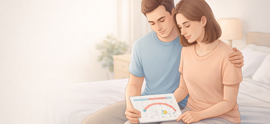 Пара планирует беременность, календарь с отмеченным фертильным окном и спокойная атмосфера без акцента на позы