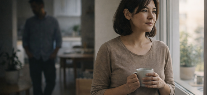 Женщина в Караганде задумчиво смотрит в окно, принимая решение о зачатии ребенка и оценивая риски