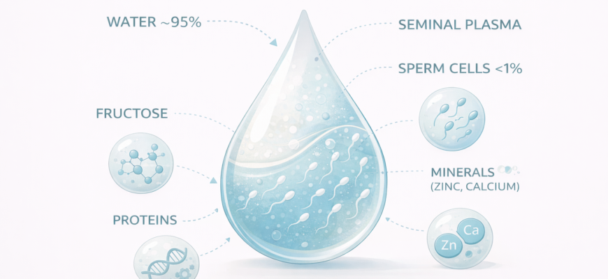 Схематический состав спермы: вода, фруктоза, белки, минералы и сперматозоиды