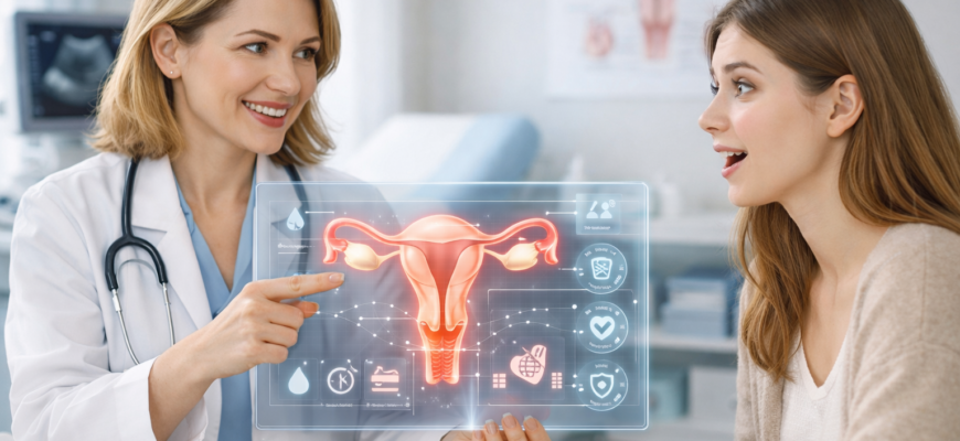 Женщина на приёме у гинеколога обсуждает, влияет ли позднее начало половой жизни на здоровье и организм