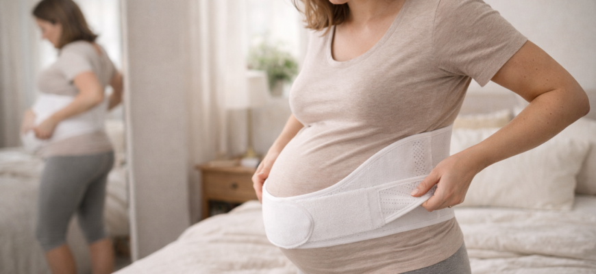 Беременная женщина выбирает удобный бандаж для поддержки живота во время беременности