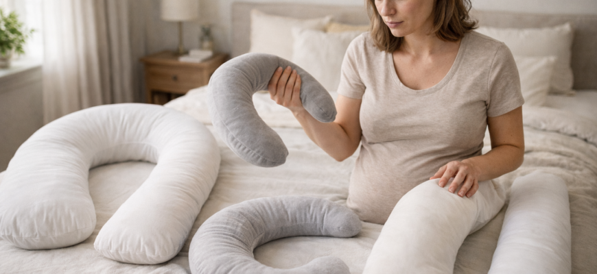 Подушки для беременных разных форм на кровати: U, C, G и валик для выбора удобной модели