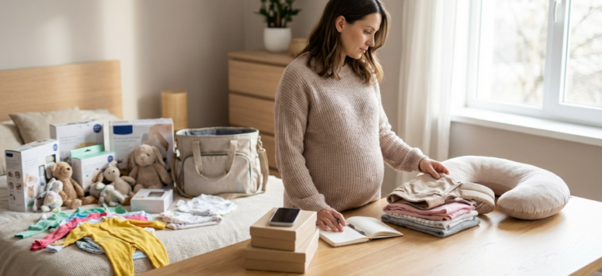 Беременная женщина дома выбирает полезные товары, удобную одежду и чеклист покупок для комфортной беременности